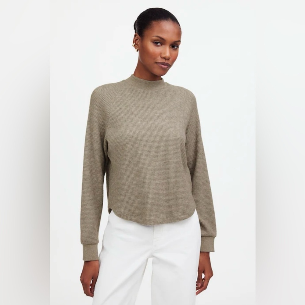 Madewell Olive Waffle-Knit Mock Neck Long Sleeve Top